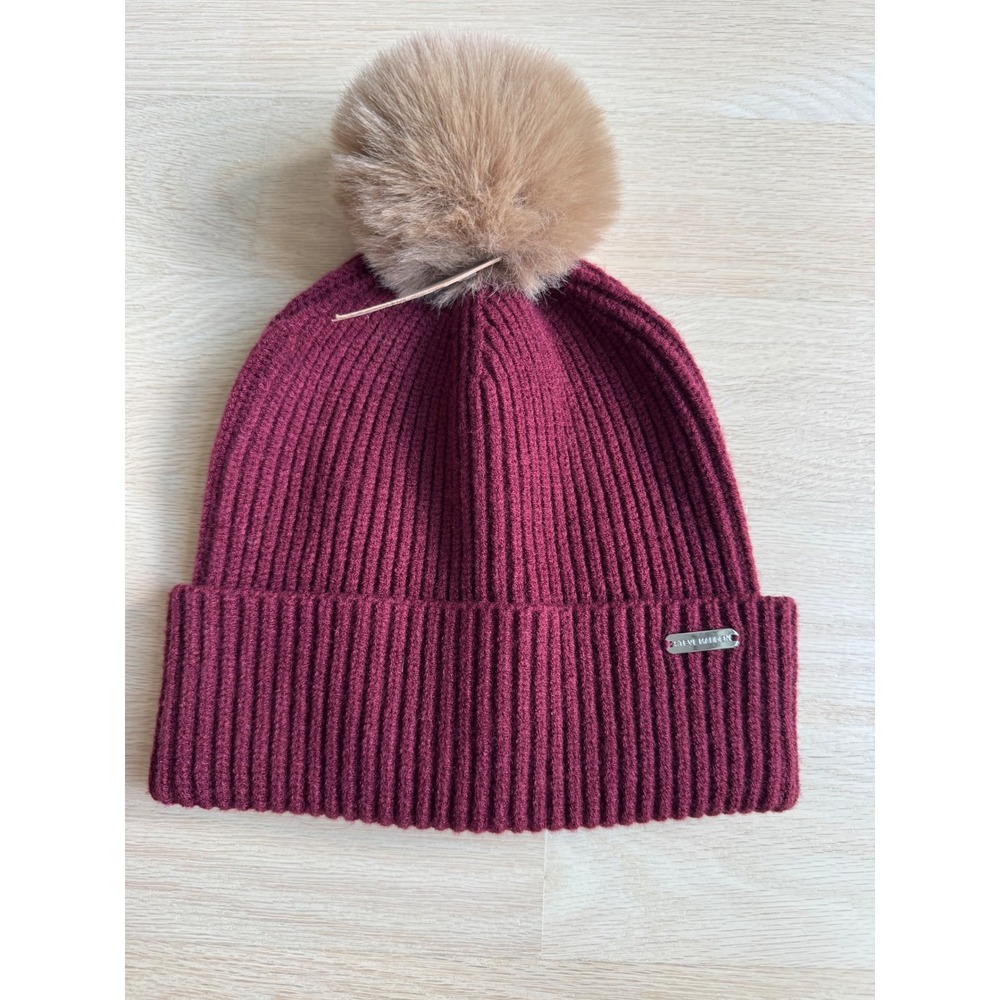 Steve Madden Women Wine Burgundy Ribbed Beanie Faux Fur Pom Pom NEW